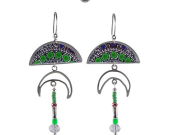 Long earrings GREEN MOON 100% handmade from Poland, etno boho hippie jewelry, dark green earrings, sterling silver, aluminium and resin
