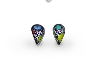 LEMON DROPS Sterling silver studs with graphic - handmade, resin, art from Poland, oxidized silver, colorful graphic