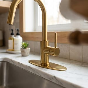 May include: A brushed gold kitchen faucet with a high-arc spout and a single side-mounted lever handle. The faucet is mounted on an oval base plate and sits on a white marble countertop next to two soap dispensers and a small potted plant.