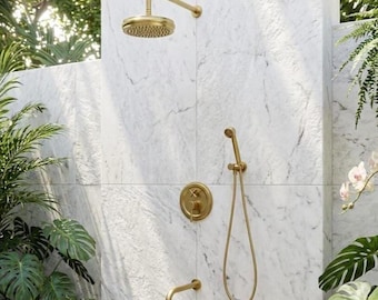 Unlacquered Brass Shower System, Wall Mount Rain Shower, Tub Filler, Handheld Fixture
