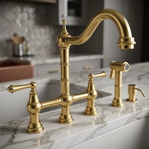May include: A brushed gold kitchen faucet with a high-arc spout, two lever handles, a side sprayer, and a soap dispenser. The fixture features a classic design with cylindrical bases and rounded accents, mounted on a white marble countertop.