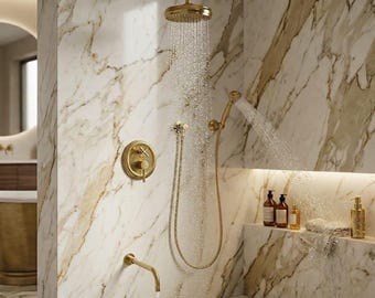 Unlacquered Brass Shower System, Wall Mount Rain Head, Handheld Sprayer, Vintage Bathroom Tub Fixture