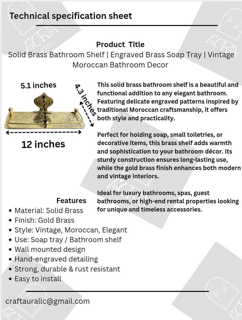 May include: A solid brass bathroom shelf with engraved patterns, 12 inches long, 5.1 inches wide, and 4.3 inches high. The gold brass finish and Moroccan design add warmth and sophistication. Perfect for soap and toiletries.