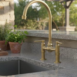 Unlacquered Brass Bridge Faucet, Gooseneck Tap, Vintage Farmhouse Kitchen Mixer