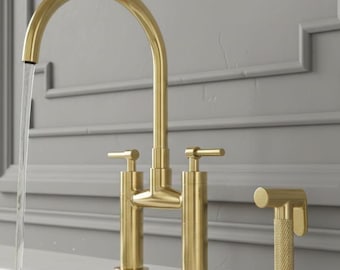 Solid Brass Bridge Kitchen Faucet with Soap Dispenser – Gold High Arc Mixer Tap
