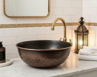 Hand Hammered Copper Vessel Sink | Blackened Rustic Bathroom Bowl | Handmade Moroccan Vanity Sink