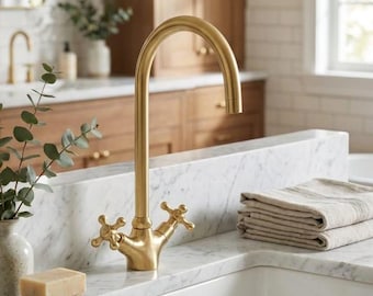 Unlacquered Brass Bridge Faucet, Farmhouse Kitchen Tap, Gooseneck Faucet