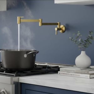Lancaster Unlacquered Brass Pot Filler Faucet, Wall Mount Stove Faucet, Folding Arm Kitchen Tap