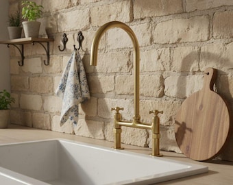 Unlacquered Brass Bridge Kitchen Faucet, Vintage Farmhouse Sink Faucet, Solid Brass 2 Hole Mixer Tap, Swivel Spout Cross Handles