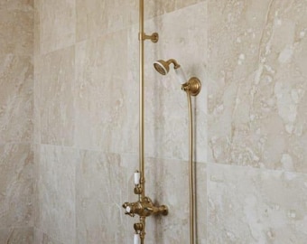 Unlacquered Brass Shower System, Vintage Wall Mount, Rainfall Shower Head, Handheld Sprayer