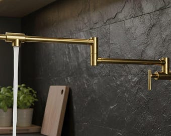 Grifo de latón sin lacar para llenar ollas – Brazo plegable, manijas personalizadas, grifo con acabado natural
