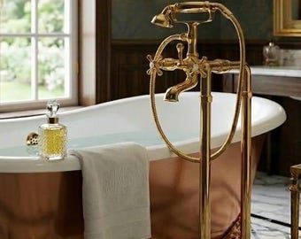 Freestanding Tub Filler, Solid Brass Bathtub Faucet, Vintage Floor Mounted Tap with Hand Shower