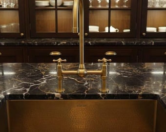 Unlacquered Brass Bridge Kitchen Faucet – Solid Brass Gooseneck Tap with Cross Handles – Luxury Vintage Farmhouse Kitchen Sink Mixer