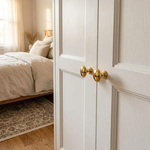 May include: A pair of white wooden cabinet doors featuring a visible wood grain texture and two polished gold oval-shaped knobs. The doors are closed and positioned vertically, showcasing the metallic finish of the hardware against the white surface.