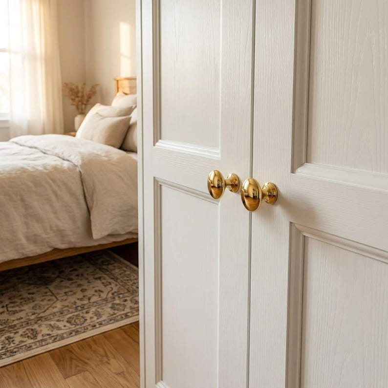 May include: A pair of white wooden cabinet doors featuring a visible wood grain texture and two polished gold oval-shaped knobs. The doors are closed and positioned vertically, showcasing the metallic finish of the hardware against the white surface.