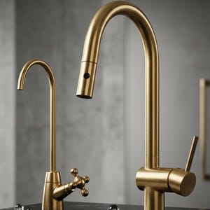 May include: A brushed gold kitchen faucet set featuring a tall, arched pull-down sprayer faucet with a single side lever and a smaller, slender secondary faucet with a cross-handle design, both finished in a matte metallic gold tone.