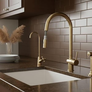 May include: A kitchen sink with a gold-colored faucet and sprayer. The faucet has a high arch design. The sink is white and set into a brown countertop. A stack of white plates and a vase of dried plants are visible.