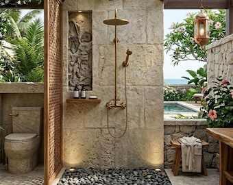 Unlacquered Brass Shower System, Rainfall Wall Mount Fixture with Handheld Sprayer