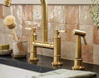 Solid Brass Gold Bridge Kitchen Faucet Set with Sprayer, Soap Dispenser