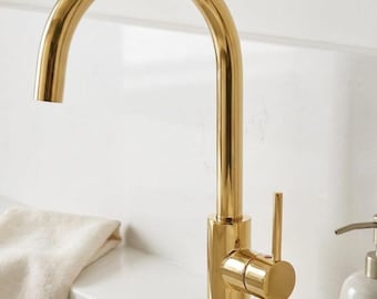 Solid Brass Kitchen Faucet, High Arc Swivel Spout, Modern Gold Tap