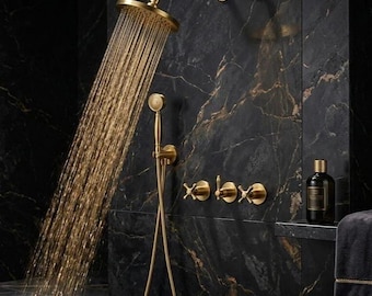 Unlacquered Brass Angle Rainfall Shower System with Handheld Sprayer, Wall Mounted Luxury Bathroom Fixture