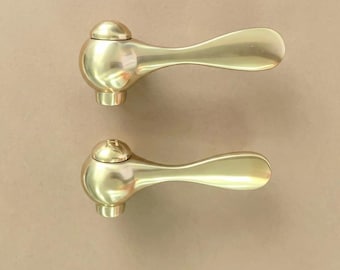Unlacquered Brass Faucet Handles, Hot Cold Lever Set, Vintage Bathroom Hardware Knobs