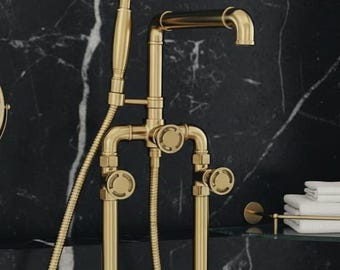 Freestanding Gold Brass Bathtub Faucet: Floor Mount Tub Filler with Handheld Shower