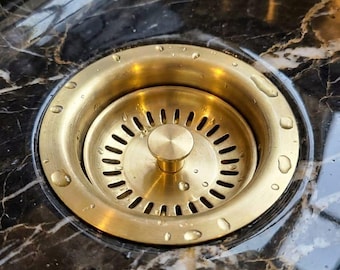 Brass Sink Strainer Drain, Unlacquered Gold Stopper, Brushed Brass Basket, Farmhouse Accessory