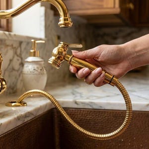 May include: A gold-coloured kitchen faucet with a matching sprayer. The sprayer is held in a hand and is connected to the faucet by a flexible hose. The faucet and sprayer are made of a shiny, metallic material.
