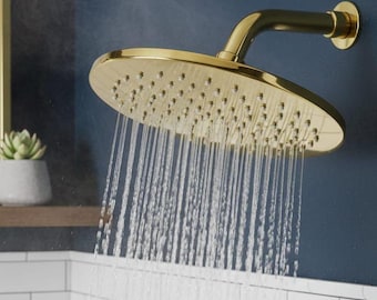 Unlacquered Brass Rain Shower Head, Brushed Gold Wall Mount Fixture, Modern Bathroom System