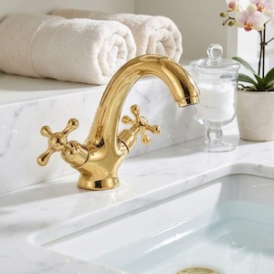 Robinet de salle de bain en laiton non laqué, mitigeur général doré vintage, mitigeur 3 trous