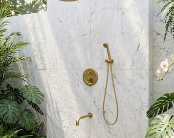 Unlacquered Brass Shower System, Wall Mount Rain Shower, Tub Filler, Handheld Fixture