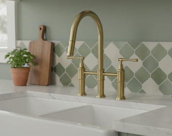 Unlacquered Brass Bridge Faucet, Pull-Down Sprayer, Antique Kitchen Sink Fixture
