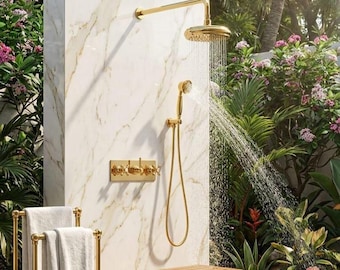 Sistema doccia di lusso in oro spazzolato con doccetta a mano – Rubinetto da bagno a parete