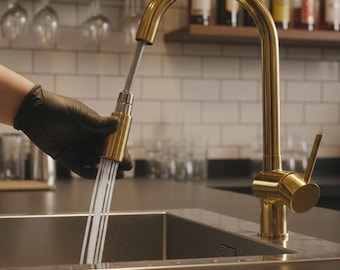 Brushed Gold Solid Brass Pull Down Kitchen Faucet, Modern Single Handle Mixer Tap