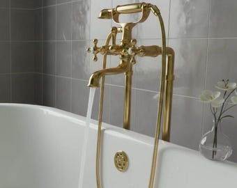 Unlacquered Brass Freestanding Tub Faucet, Solid Brass Floor Mount Bathtub Filler with Hand Shower, Vintage Luxury Bathroom Fixture