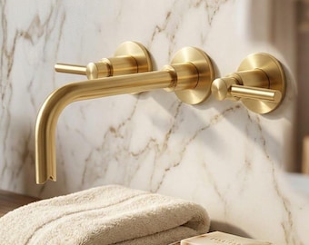 Brushed Gold Faucet Wall Mount – Solid Brass 2 Handle Lever Bathroom Sink Hardware