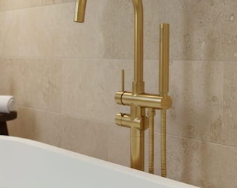 Freestanding Gold Bathtub Faucet with Handheld Shower, Modern Brass Floor Mount Tub Filler