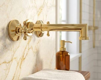 Unlacquered Brass Wall Mount Faucet – Vintage Gold Sink Tap, Vanity Fixture