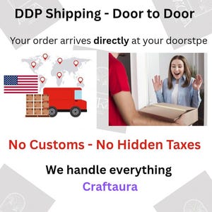 May include: An illustration shows a red delivery truck with boxes, a map with location markers, and the American flag. Text reads "DDP Shipping - Door to Door" and "No Customs - No Hidden Taxes". A person is receiving a package.