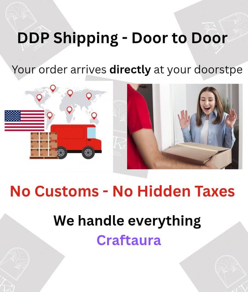 May include: An illustration shows a red delivery truck with boxes, a map with location markers, and the American flag. Text reads "DDP Shipping - Door to Door" and "No Customs - No Hidden Taxes". A person is receiving a package.