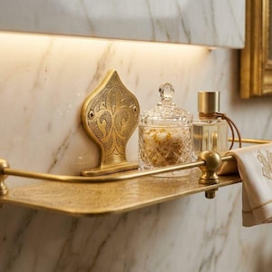 Minimalist brass wall shelf holding a smartphone in a modern bathroom with soft lighting and elegant decor