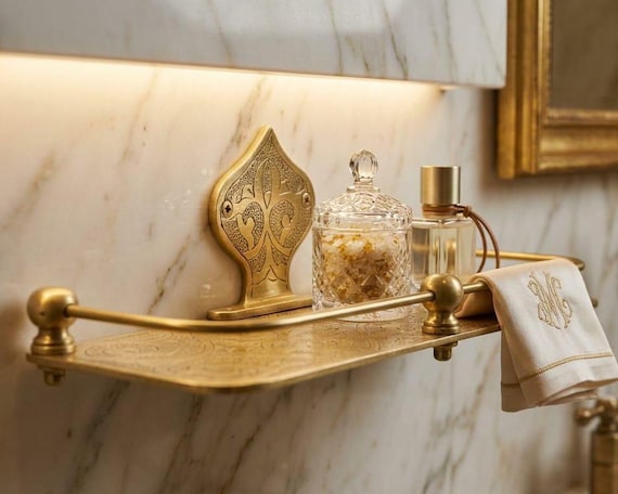 Brass Soap Dish, Handmade Engraved Brass Wall Shelf, Moroccan Bathroom Decor