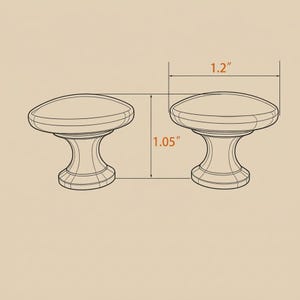 May include: Two identical cabinet knobs with a rounded top and a flared base. The technical drawing shows the knobs have a diameter of 1.2 inches and a total height of 1.05 inches, providing clear dimensions for these hardware components.