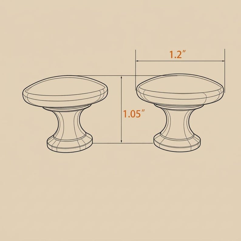May include: Two identical cabinet knobs with a rounded top and a flared base. The technical drawing shows the knobs have a diameter of 1.2 inches and a total height of 1.05 inches, providing clear dimensions for these hardware components.
