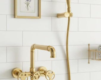 Solid Brass Gold Shower Faucet Set: Vintage Style Wall Mount Bath Fixture