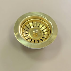 Pode incluir: Um coador de pia de cozinha circular em latão com acabamento metálico polido. O coador apresenta uma borda externa larga e uma cesta central com ranhuras de drenagem verticais espaçadas uniformemente e um pequeno botão central para levantar.