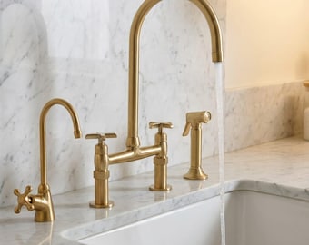 Solid Brass Bridge Kitchen Faucet with Side Sprayer, Vintage Gold Farmhouse Sink Mixer Tap