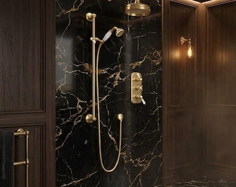 Luxury Brass Shower System, Thermostatic Gold Shower Set, Dual Outlet Bathroom Fixture