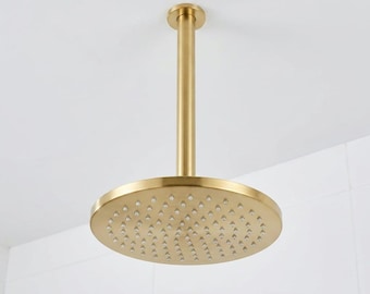 Brushed Brass Ceiling Mount Rain Shower Head | Solid Brass Modern Bathroom Fixture